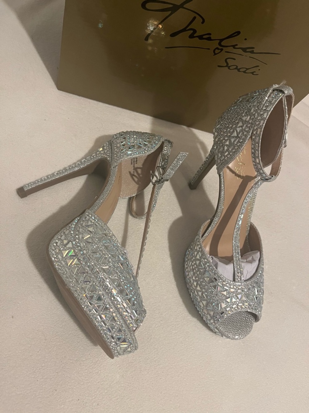 Thalia Sodi Silver Crystal Platform Ankle-Strap Heels